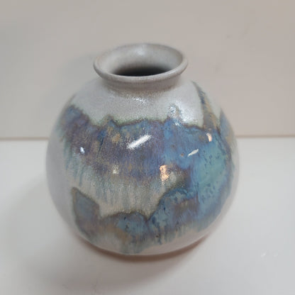 Round spherical vase art pottery small signed RY 1984 blue cream earthtones