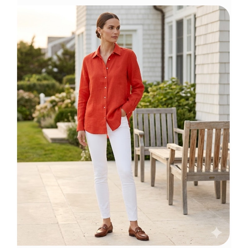 Lauren Ralph Lauren Red Linen Button Down LRL Monogram Preppy Blouse Size Medium