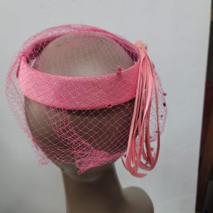 VINTAGE Pink Hat Net Veil Bird feather 7" union label Fascinator Wedding Races