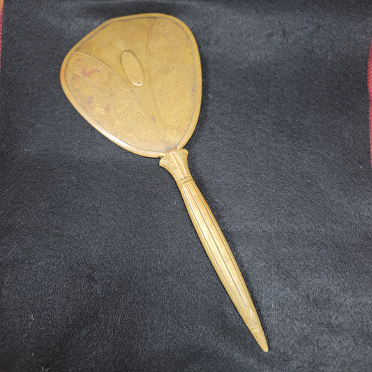 Vintage brass handheld vanity mirror Ornate Victorian 13.5" long Hand accessory