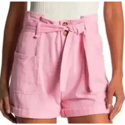 NWT Elodie High Waist Paperbag Shorts with Tie Belt 100% Cotton in Pink Sz Large