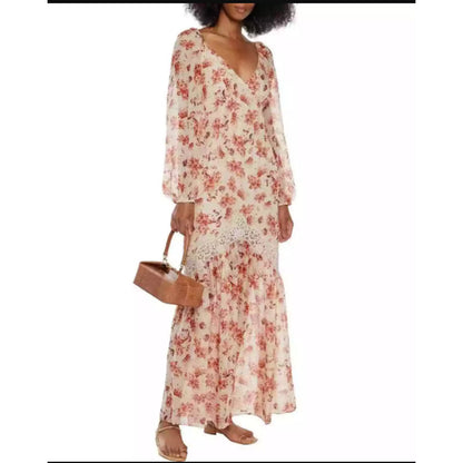Cami NYC Francie Lace Trimmed Floral Print Silk Chiffon Maxi Dress NEW Medium
