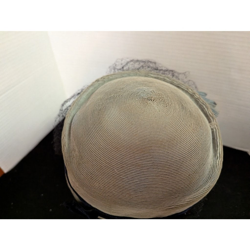 Vintage 40s 50s The Rhodes Hat Pale Blue Grey Pillbox Birdcage Veil Bow