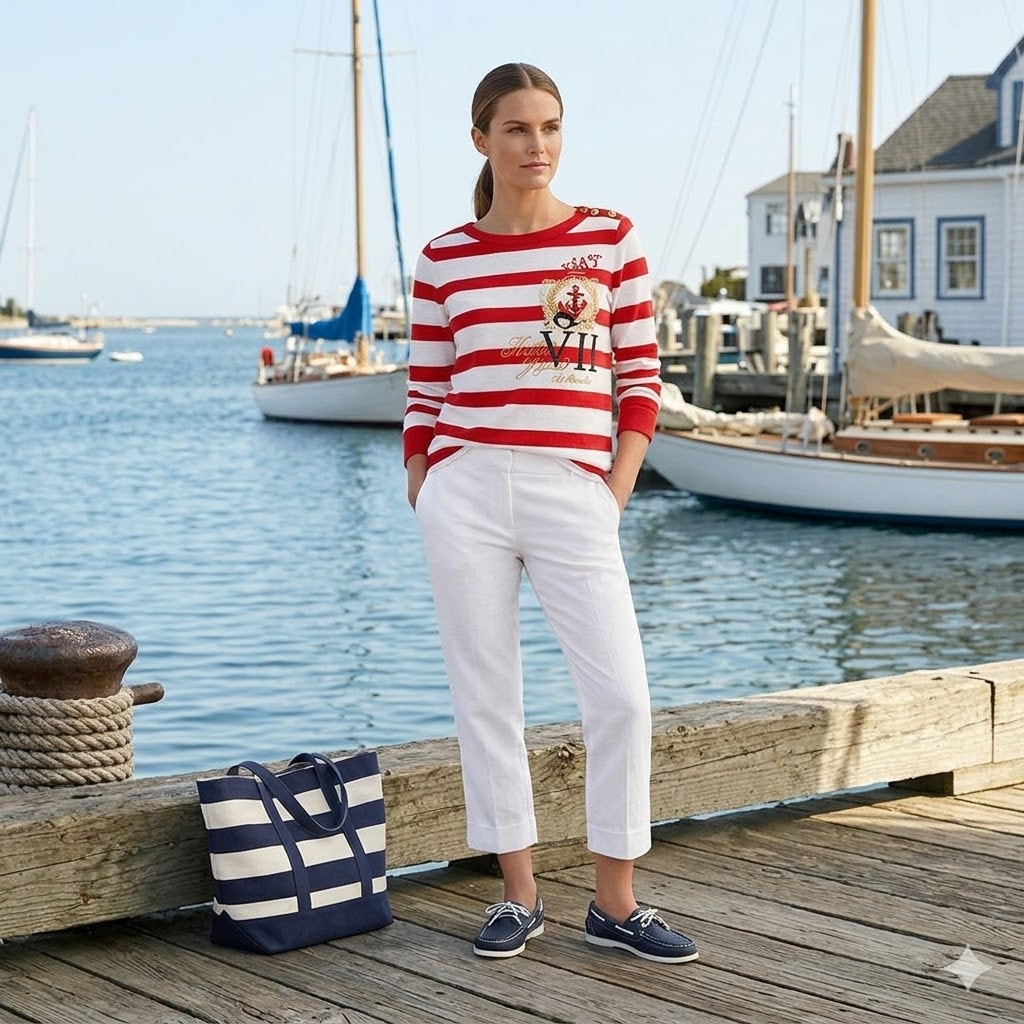 Lauren Ralph Red White Striped Nautical Graphic Top Button Shoulder Small