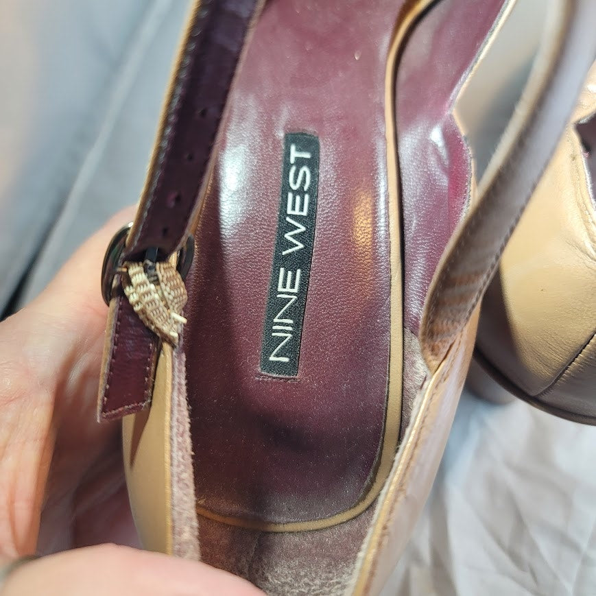 Nine West peep toe tan ankle strap heels Womens Shoes Size 10