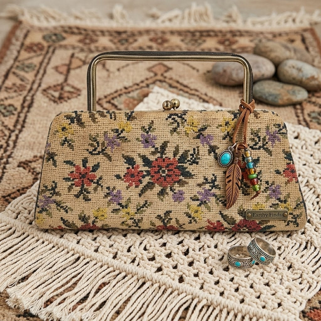 Vintage Tapestry Cross Stitch Wallet Clutch top handle purse bag handbag