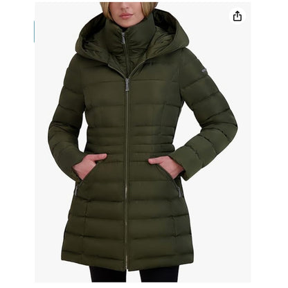 Laundry by Shelli Segal Puffer Jacket Hood Velvet Trim Olive NEW FullZip Size XL