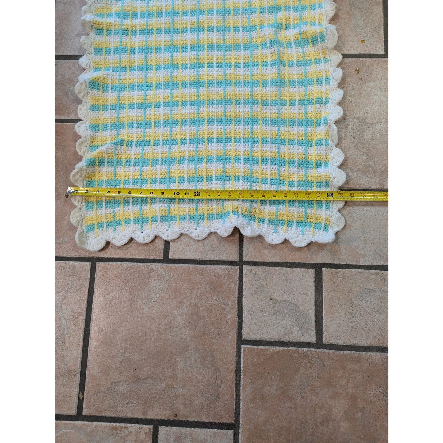 Vintage Hand-Crochet Pastel Plaid Baby Blanket with Scalloped Border