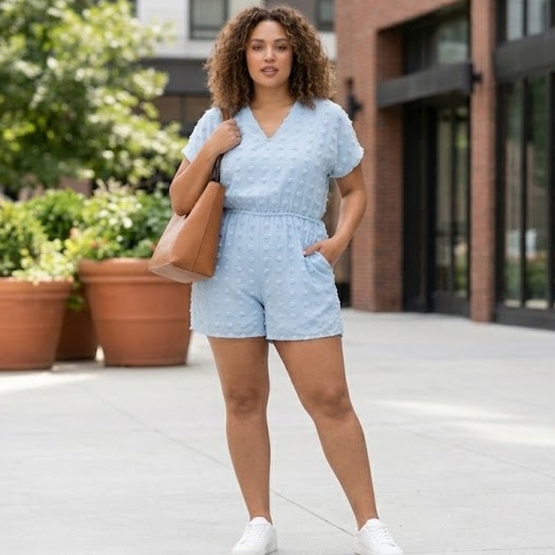 Blue Swiss Dot Romper XL V-Neck Short Sleeve Playsuit Cute Casual Summer Outfit