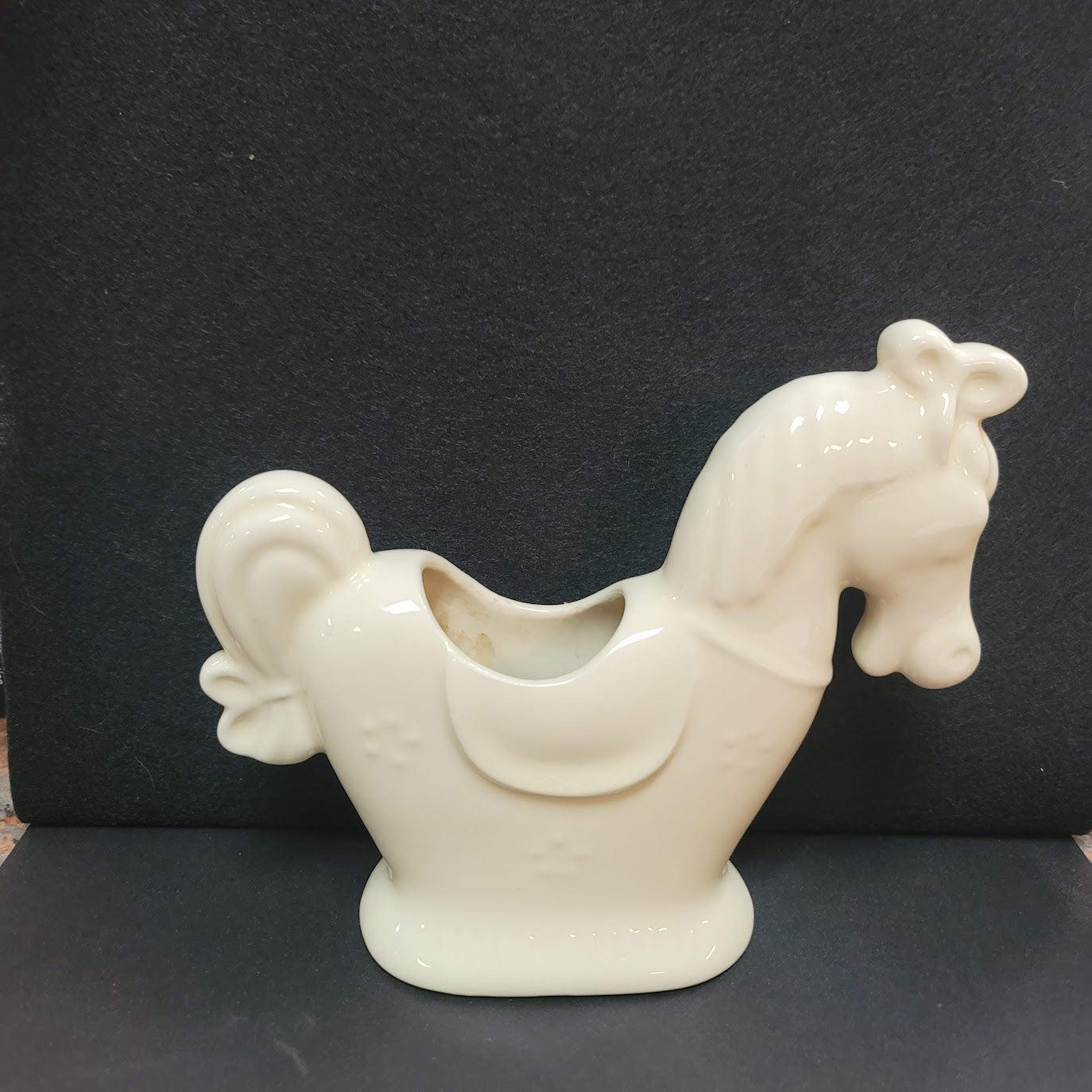 MCM HORSE  rocking vase cream planter Pony saddle reins mid century