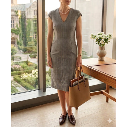 Antonio Melani Houndstooth Sheath Dress Cap Sleeve VNeck Workwear Corporate Core