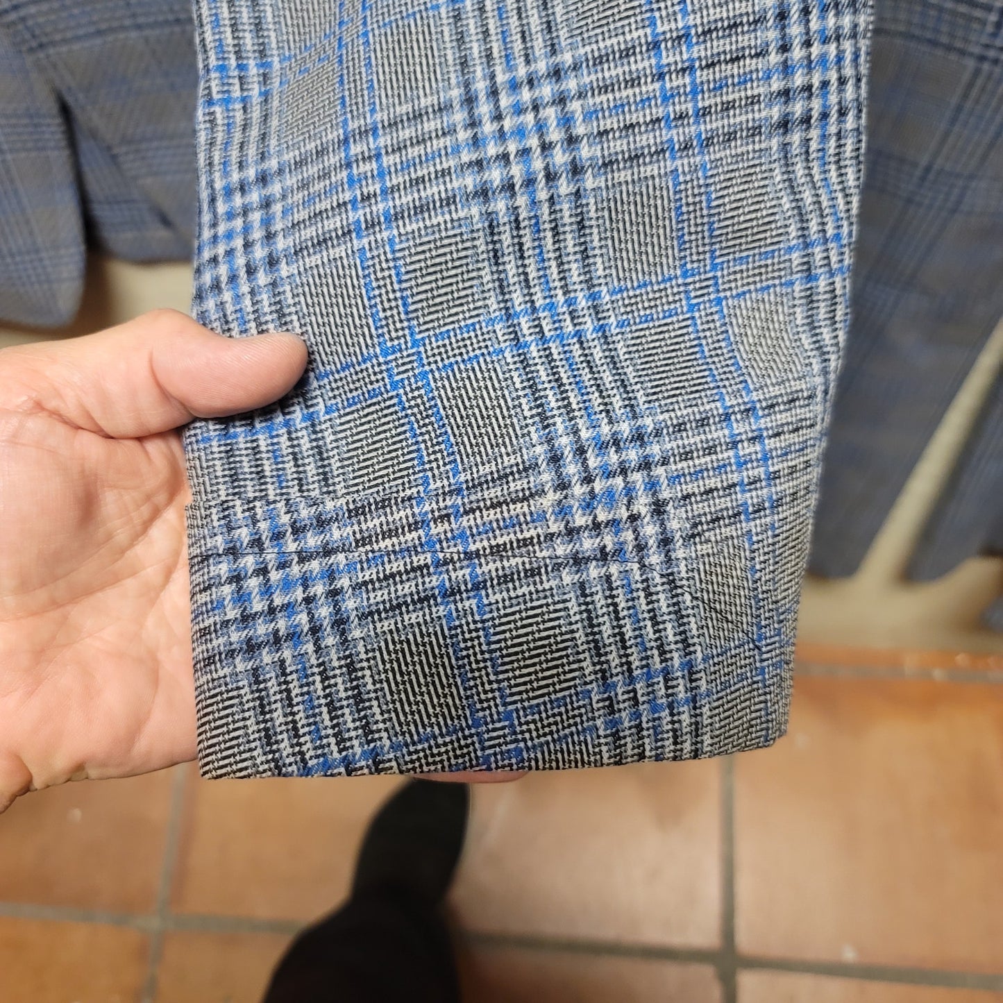 Phoenix 2pc polyester vintage suit Blazer Pants 1970s Plaid blue gray Rockabilly