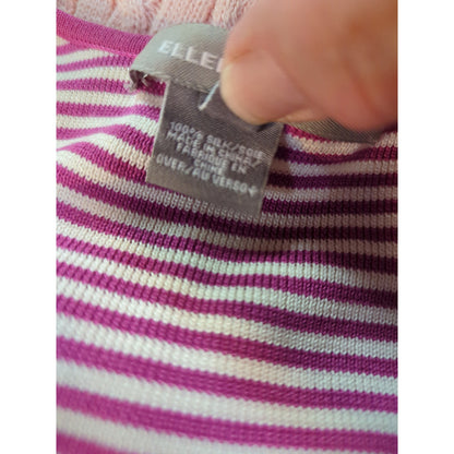 Ellen Tracy Medium SILK Sweater striped pink Ivory VNeck long sleeve preppy Y2K