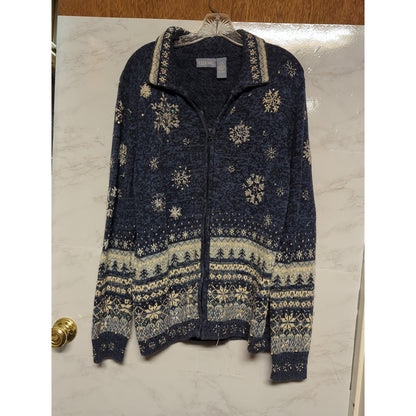 Liz & Me Blue Fair Isle Snowflake Beaded Zip-Front Cardigan Sweater 0X Plus