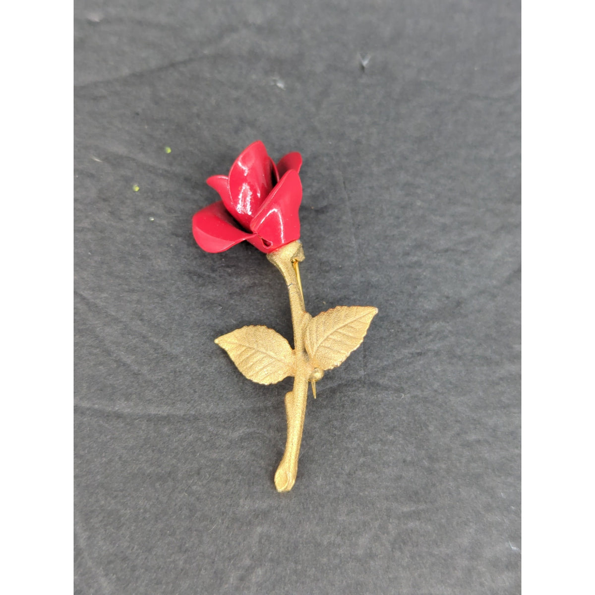 Vintage Red Porcelain Rose Flower Stem Brooch Pin Gold Tone Leaf Accent