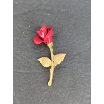 Vintage Red Porcelain Rose Flower Stem Brooch Pin Gold Tone Leaf Accent