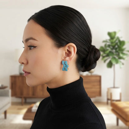 Vintage Mid Century Blue Geometric Zig Zag Clip On Earrings Retro Mod Statement