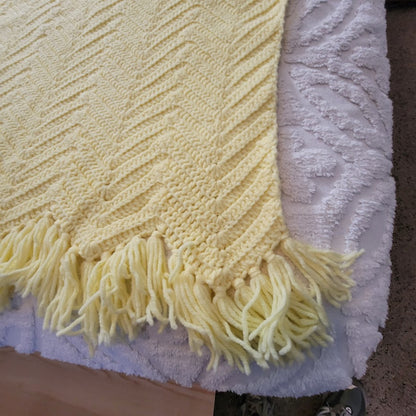 handmade Yellow afghan throw fringe chevron 50" x77" twin zigzag homestead retro