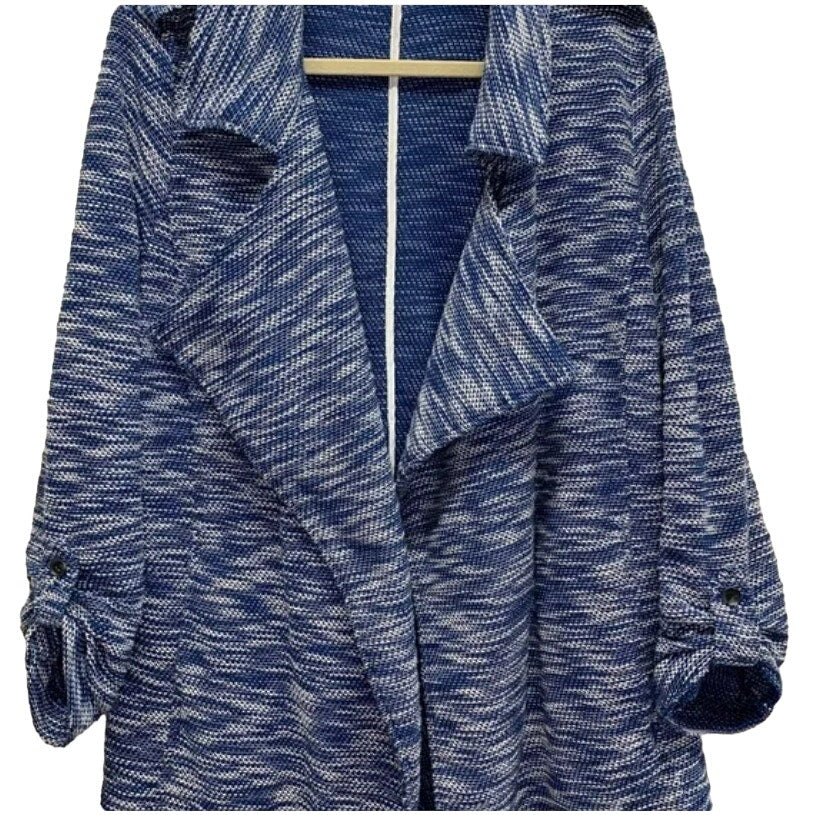 NWT Bagatelle Draped Front Woven Knit Roll Tab Cardigan Sz Small in Blue Tweed