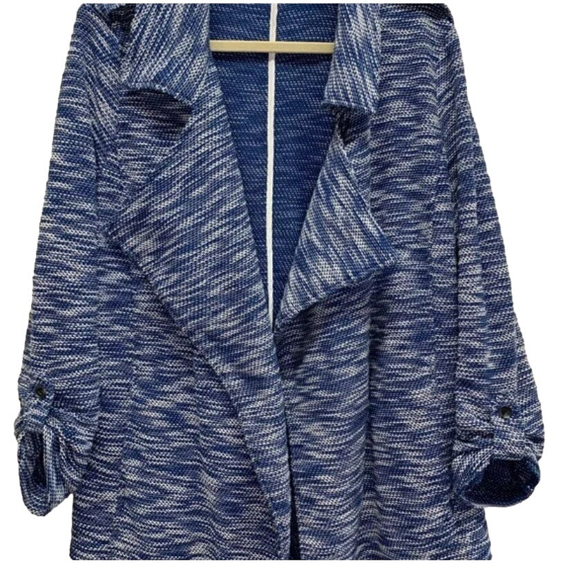 NWT Bagatelle Draped Front Woven Knit Roll Tab Cardigan Sz Small in Blue Tweed