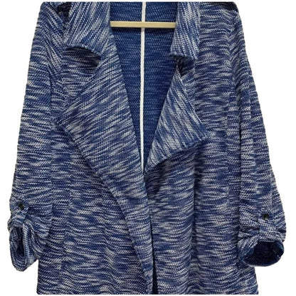 NWT Bagatelle Draped Front Woven Knit Roll Tab Cardigan Sz Small in Blue Tweed