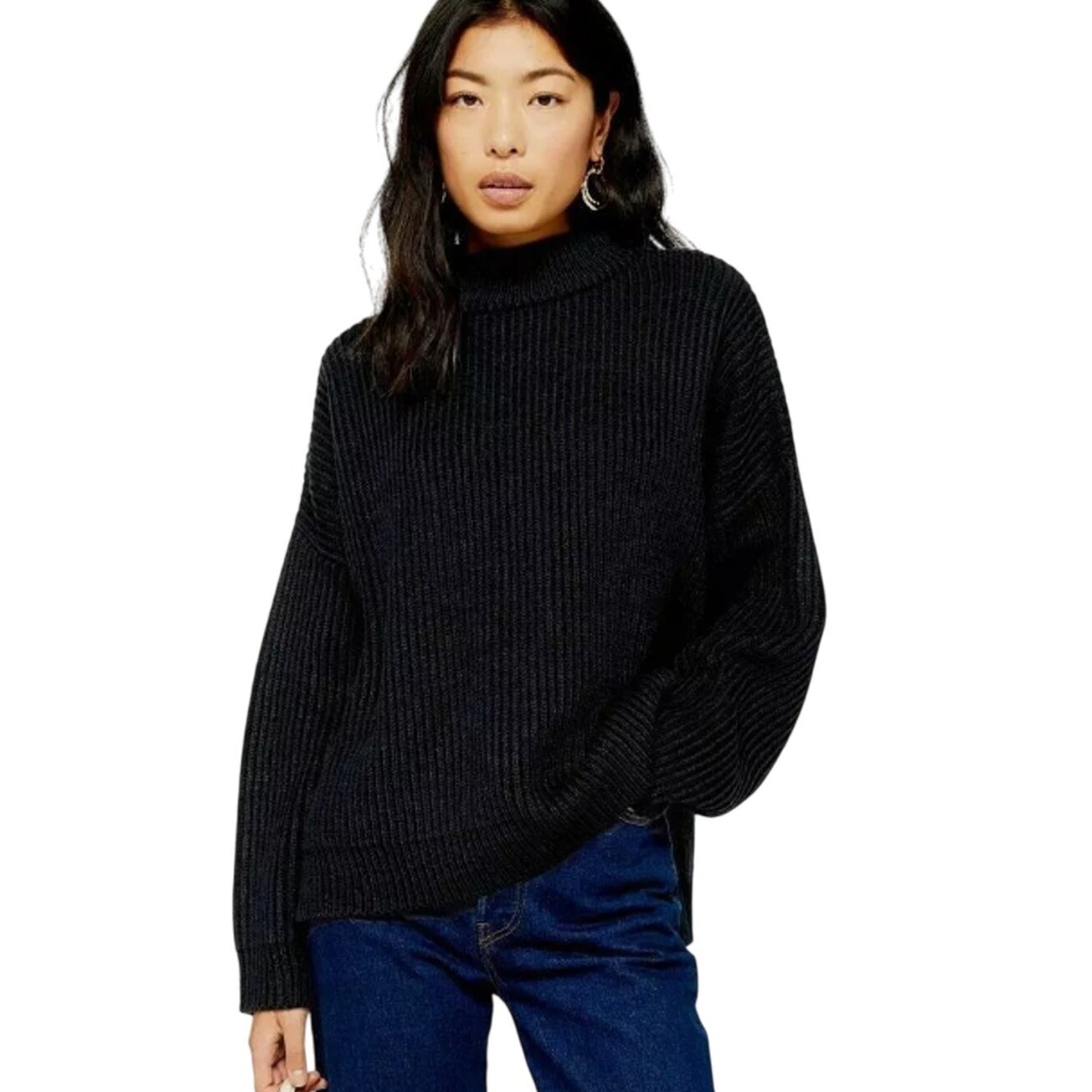 TOPSHOP Oversized Rib Knit Mock Neck Sweater Pullover Navy MEDIUM 6-8 HighLow