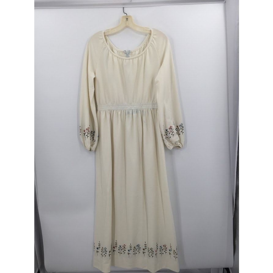 Vintage Leslie Fay Cream Dress Embroidery Maxi Long Sleeve cOTTON bLEND MEDIUM