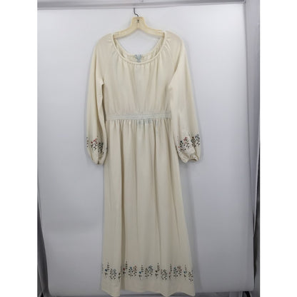 Vintage Leslie Fay Cream Dress Embroidery Maxi Long Sleeve cOTTON bLEND MEDIUM