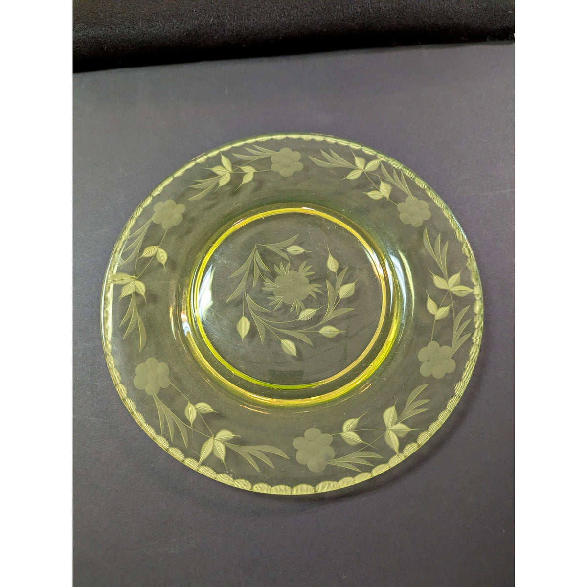 Antique etched glass depression plate yellow uranium