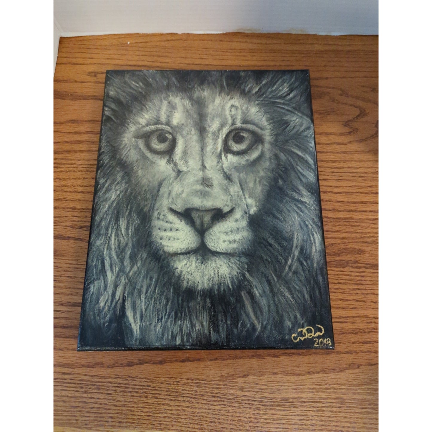 Original Signed Lion Face Canvas Painting Monochromatic Black & White Art 2018