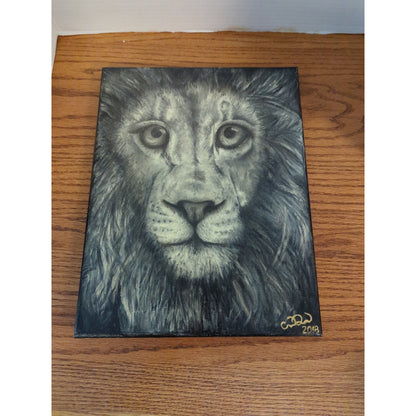 Original Signed Lion Face Canvas Painting Monochromatic Black & White Art 2018