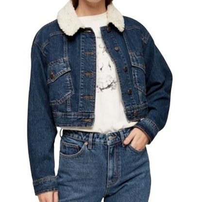 NEW Topshop sz 6 Cropped Dark Wash Heavy Denim Fleece Collar Jean trucker Jacket