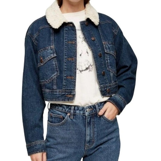 NEW Topshop sz 6 Cropped Dark Wash Heavy Denim Fleece Collar Jean trucker Jacket