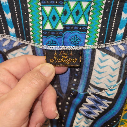 Dashiki Print Shirt Poncho Blouse Elastic Waist Cotton One Size Blue Yellow