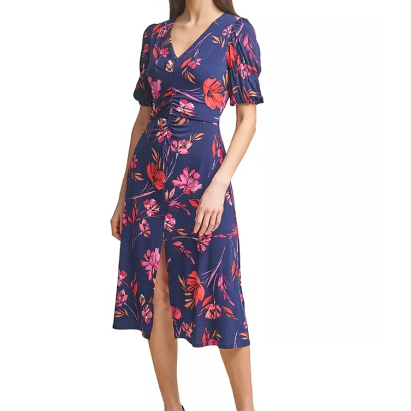 Vince Camuto Size 10 Blue Floral Dress ruched puff sleeve NEW casual career