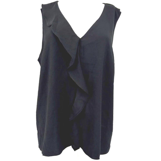 Halston Sleeveless V-Neck Ruffle Front Pullover Top Size Small in Black NWT