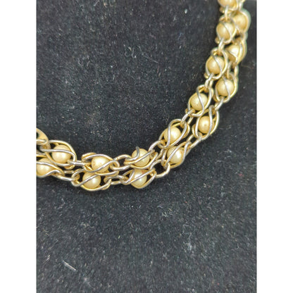 Vintage Gold Caged Faux Pearl Chunky Woven Chain Link Statement Collar Necklace