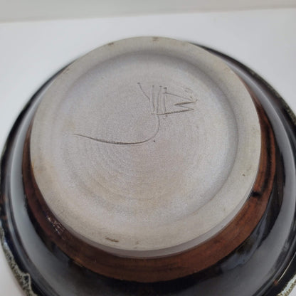 Handmade pottery bown rim brown Signed Salt Glazed Dripware Art Earth tones 8"