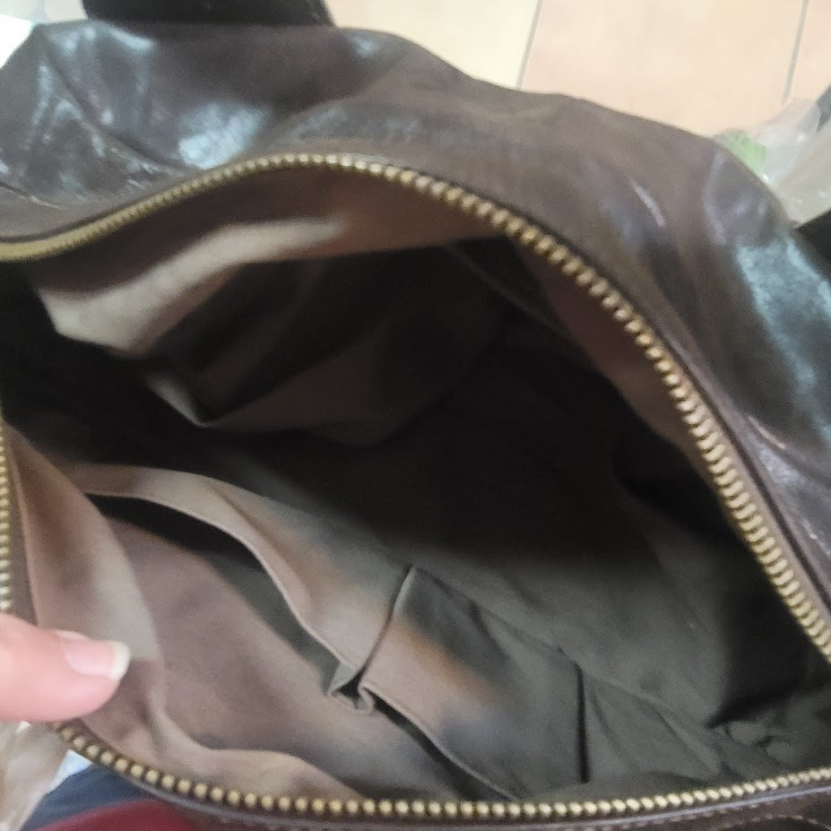Vintage Sondra Roberts Chocolate Brown Leather Hobo Shoulder Bag Brass Details