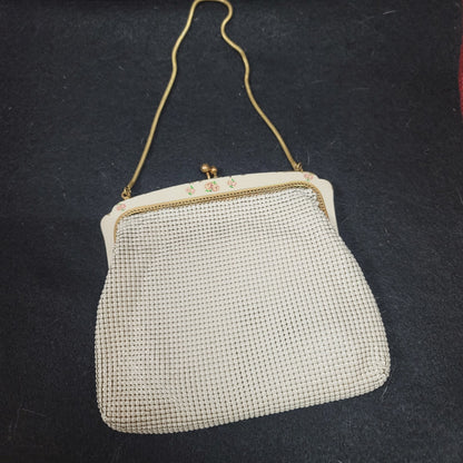 Vintage OROTON made Germany metal mesh purse handbag floral kiss clasp cream