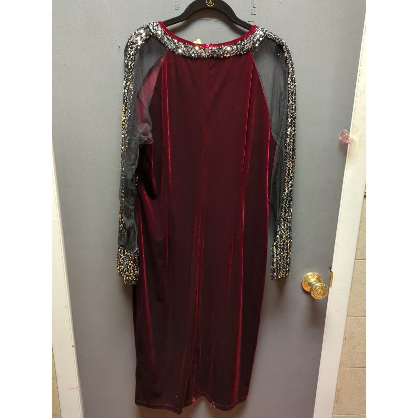 Burgundy and black velvet sheer glitzy cocktail wiggle Size XL dress