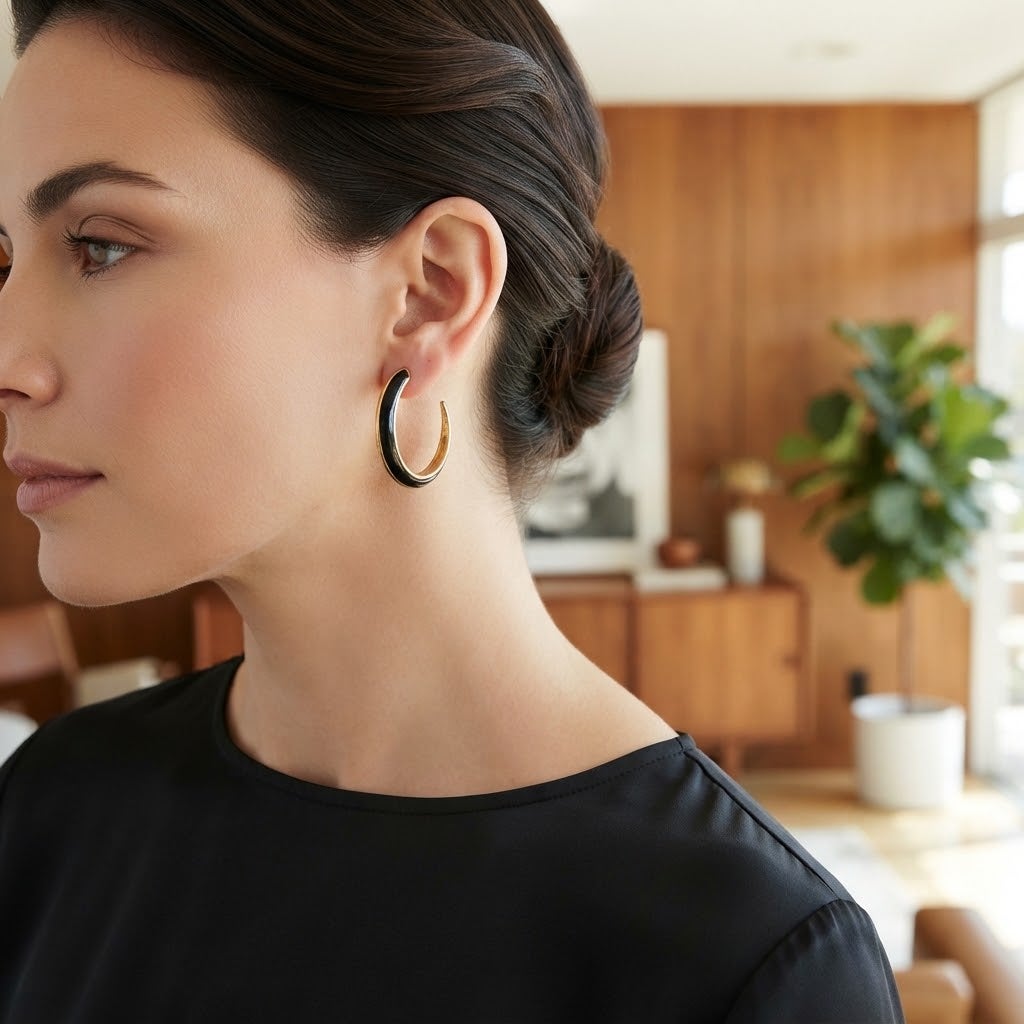 Vintage Black and Gold Curved Hoop Post Earrings Retro Crescent Chic