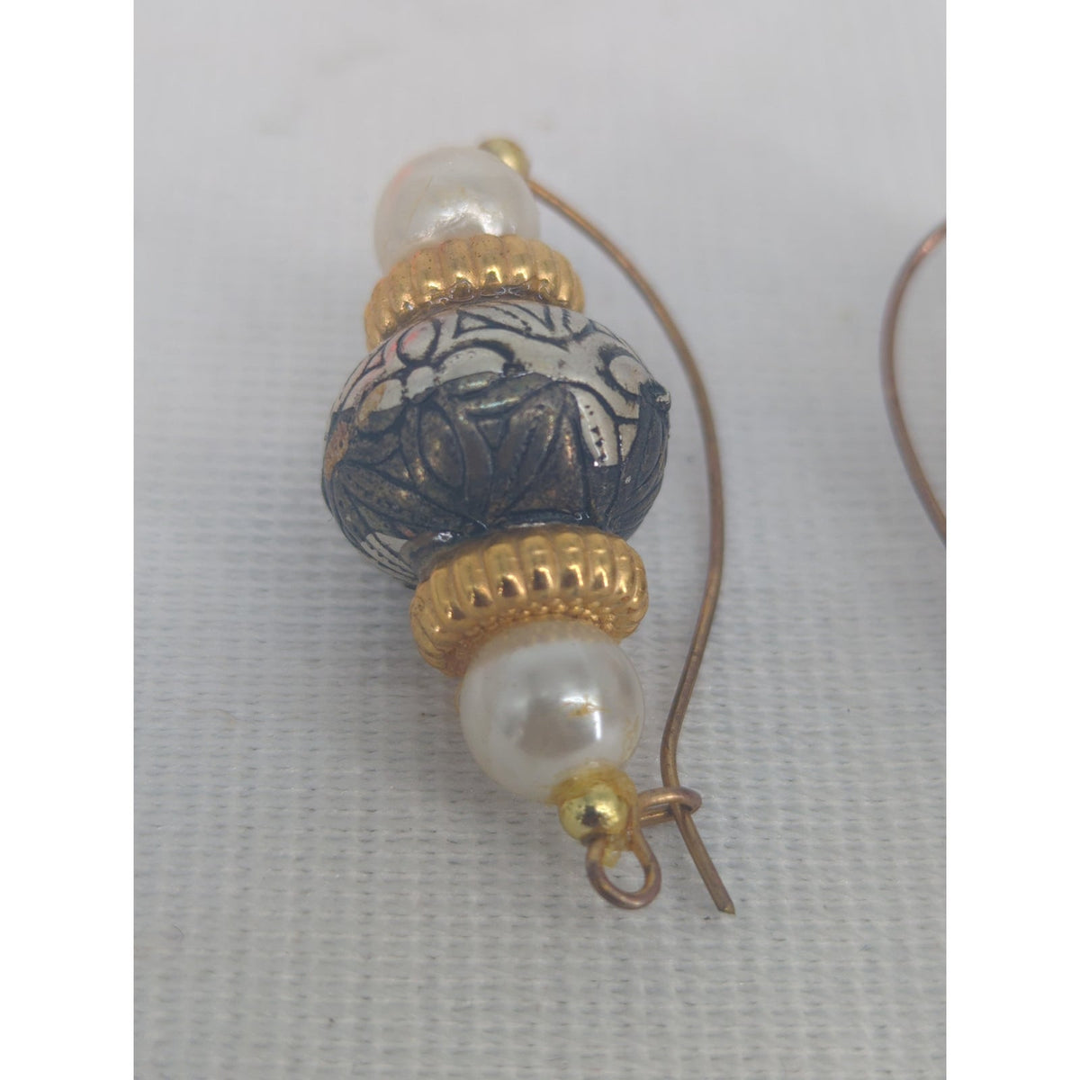 Vintage Ornate Beaded Dangle Earrings Silver Gold Faux Pearl Bohemian Chic