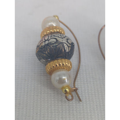 Vintage Ornate Beaded Dangle Earrings Silver Gold Faux Pearl Bohemian Chic