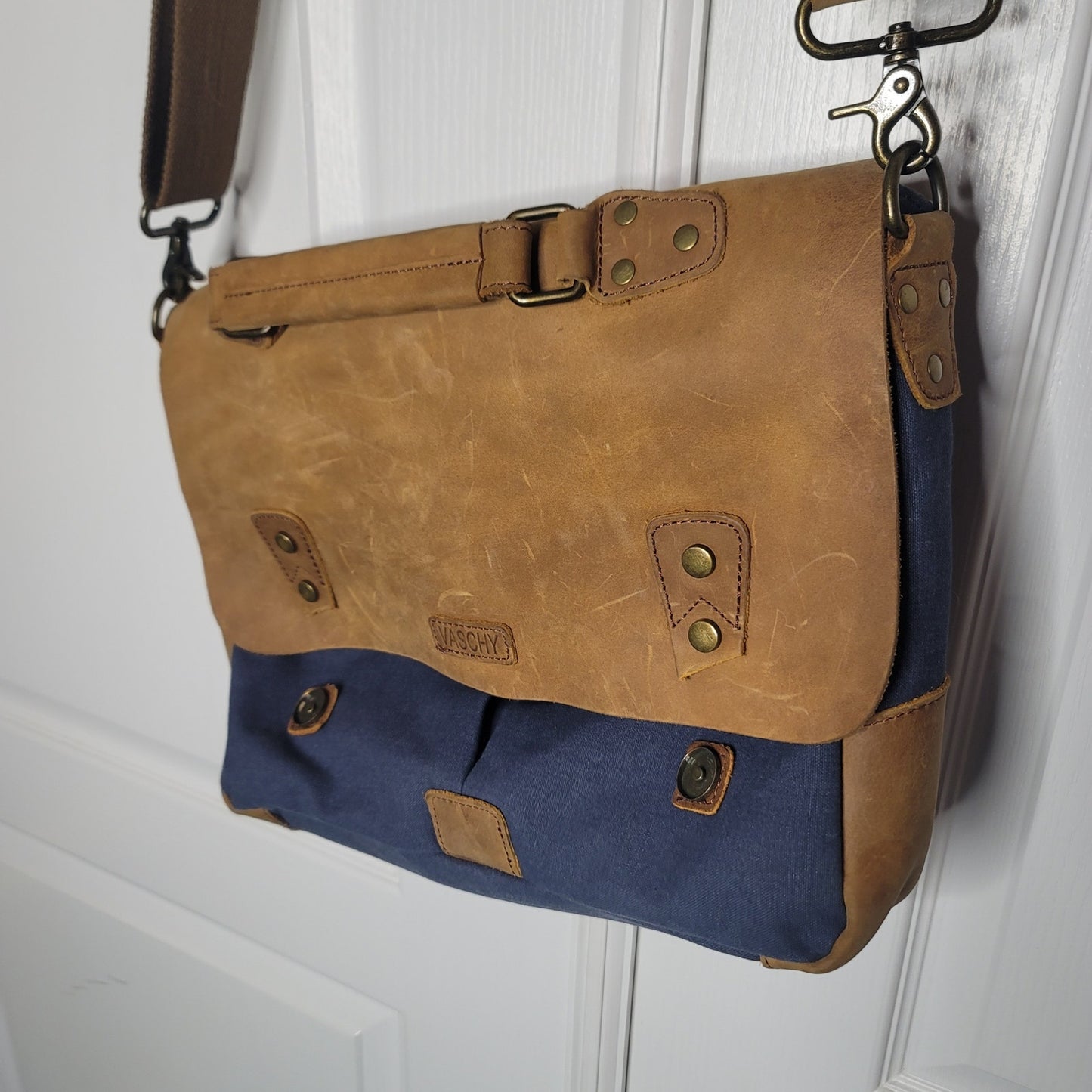 Vaschy Leather Canvas Messenger Laptop Bag Vintage Style Professional Satchel
