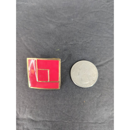 Vintage Pink Red Enamel Square Clip On Earrings Gold Tone Geometric Retro 1980s