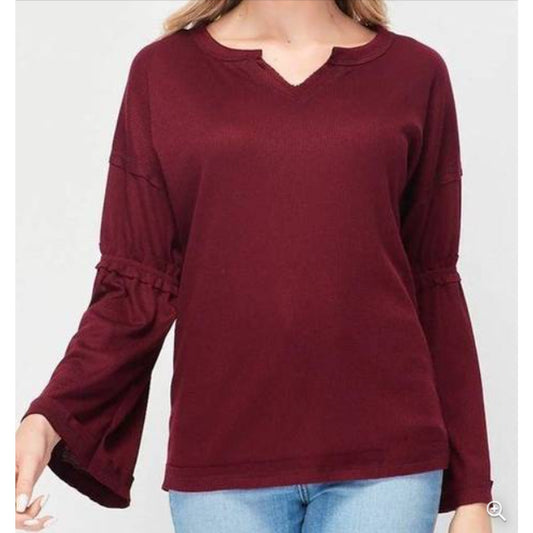 Baea bordeaux Flare Sleeve  SMALL V Neck Waffle Knit Thermal Top Shirt