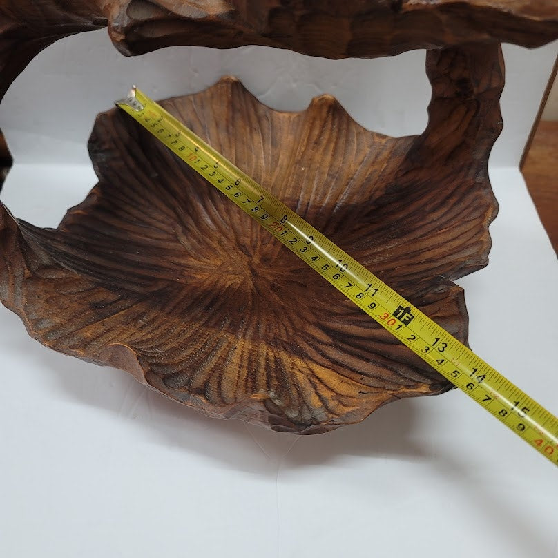 Vintage Hand Carved Burl Wood Rustic Leaf Shaped Basket W/ Handle MCM Brutalist