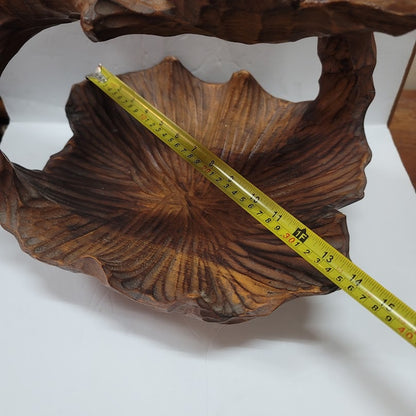 Vintage Hand Carved Burl Wood Rustic Leaf Shaped Basket W/ Handle MCM Brutalist