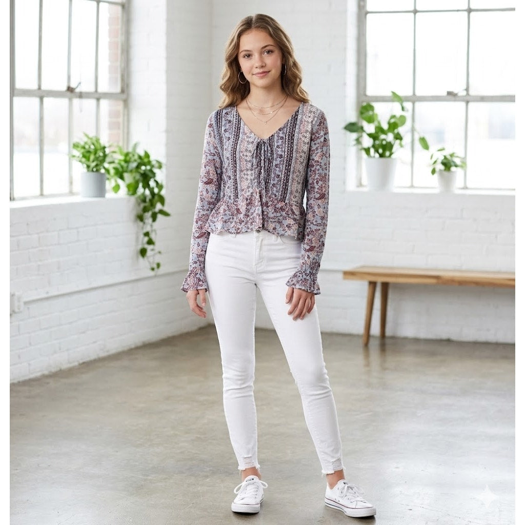 Derek Heart Medium Boho Blouse Top Shirt Multicolor Long Sleeve NEW Ruched Chest